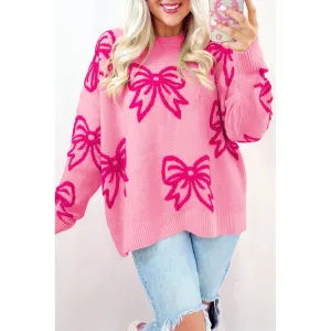 Pink Bow Pattern Drop Shoulder Loose Sweater