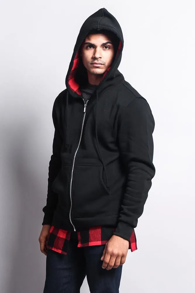 Plaid Flannel Accent Long Length Zip Hoodie