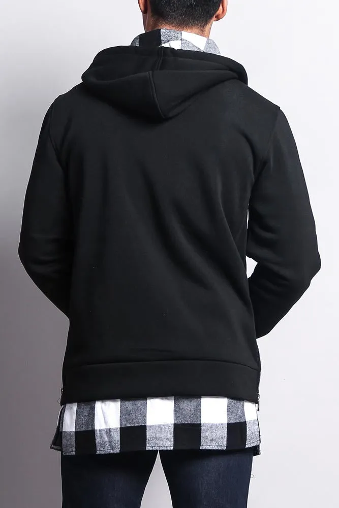 Plaid Flannel Accent Long Length Zip Hoodie