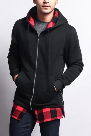 Plaid Flannel Accent Long Length Zip Hoodie