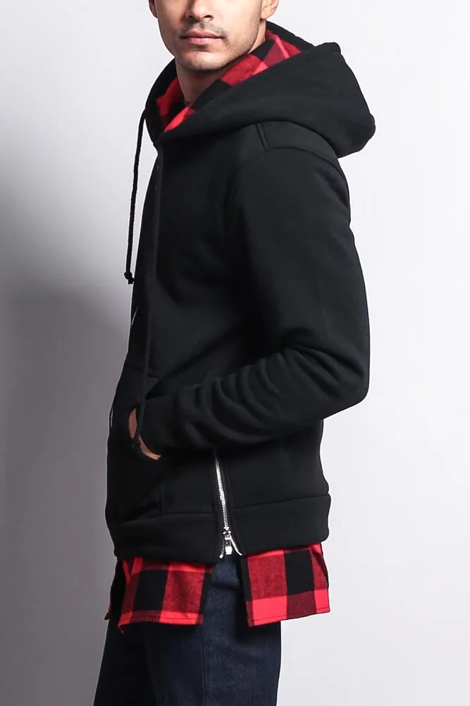 Plaid Flannel Accent Long Length Zip Hoodie