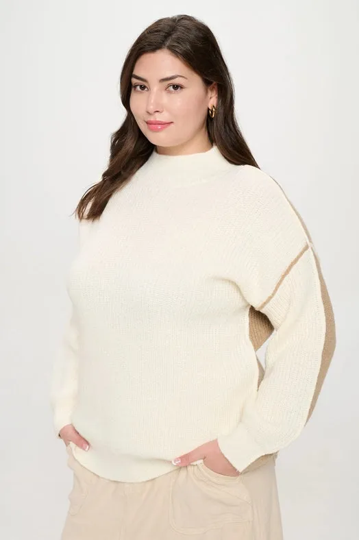 Plus Colorblock Mock Neck Exposed Seam Sweater IVORY