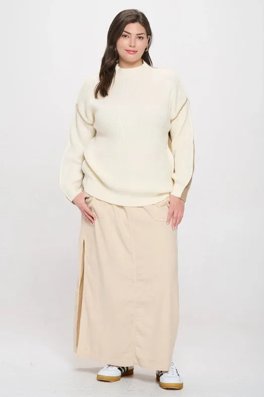 Plus Colorblock Mock Neck Exposed Seam Sweater IVORY