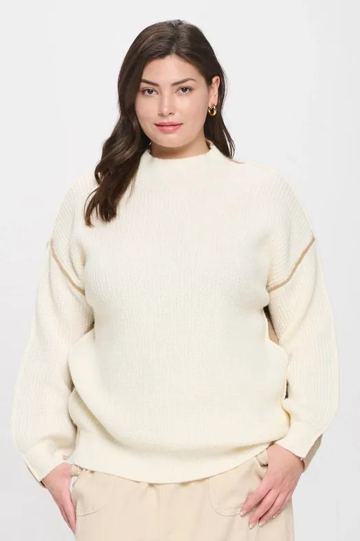 Plus Colorblock Mock Neck Exposed Seam Sweater IVORY