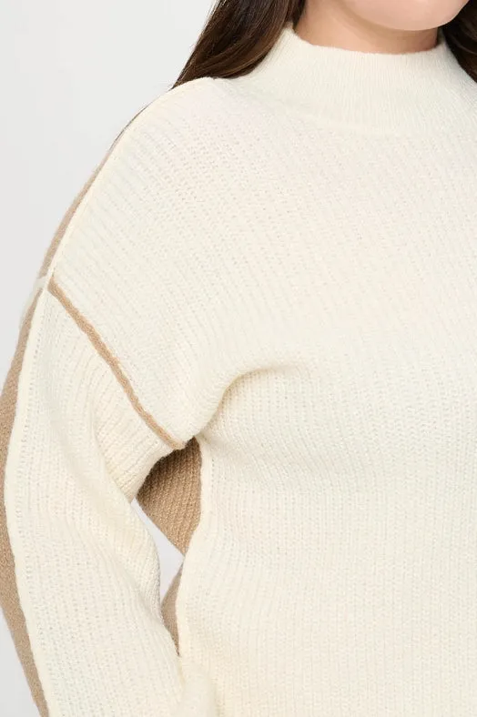 Plus Colorblock Mock Neck Exposed Seam Sweater IVORY