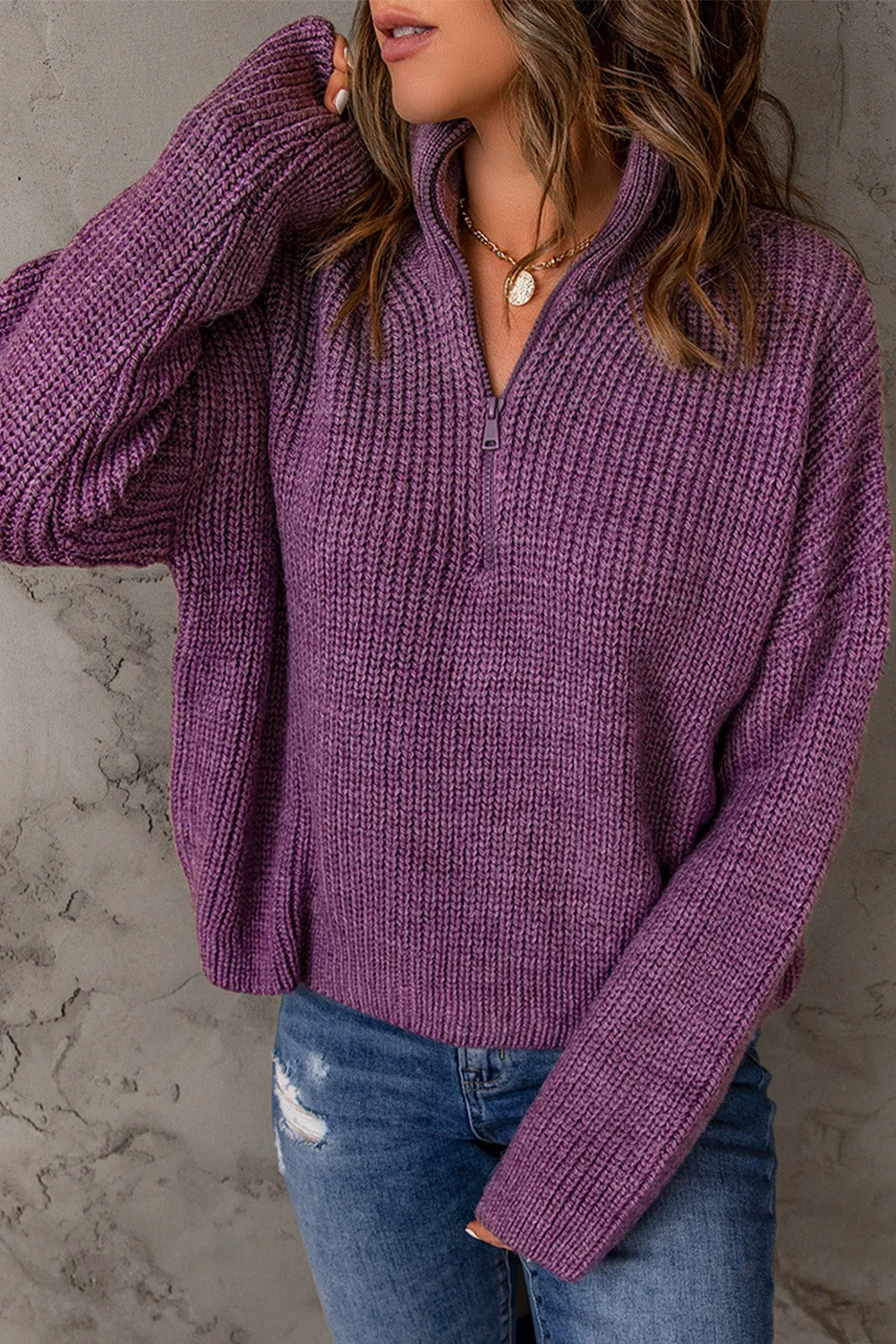 Purple Zipped Turtleneck Sweater