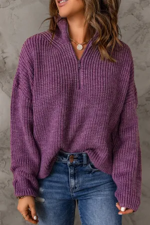 Purple Zipped Turtleneck Sweater