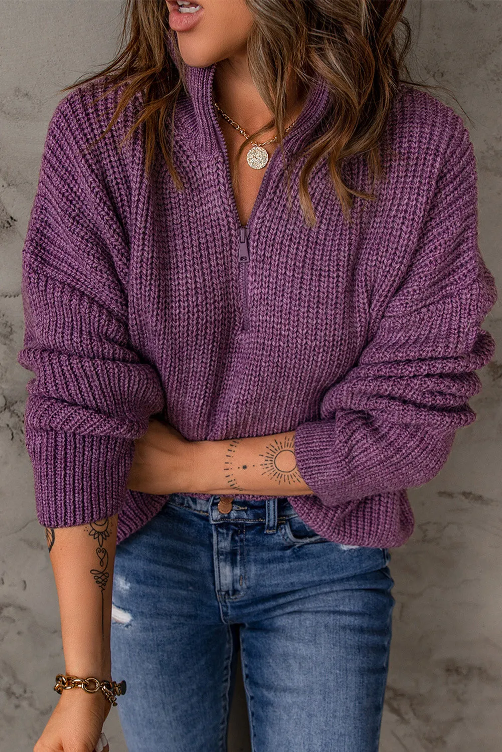 Purple Zipped Turtleneck Sweater