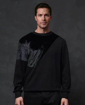 Rare Rabbit Men Roe Black Full Sleeve Crew Neck Velvet Cut and Sew Premium Sweatshirt