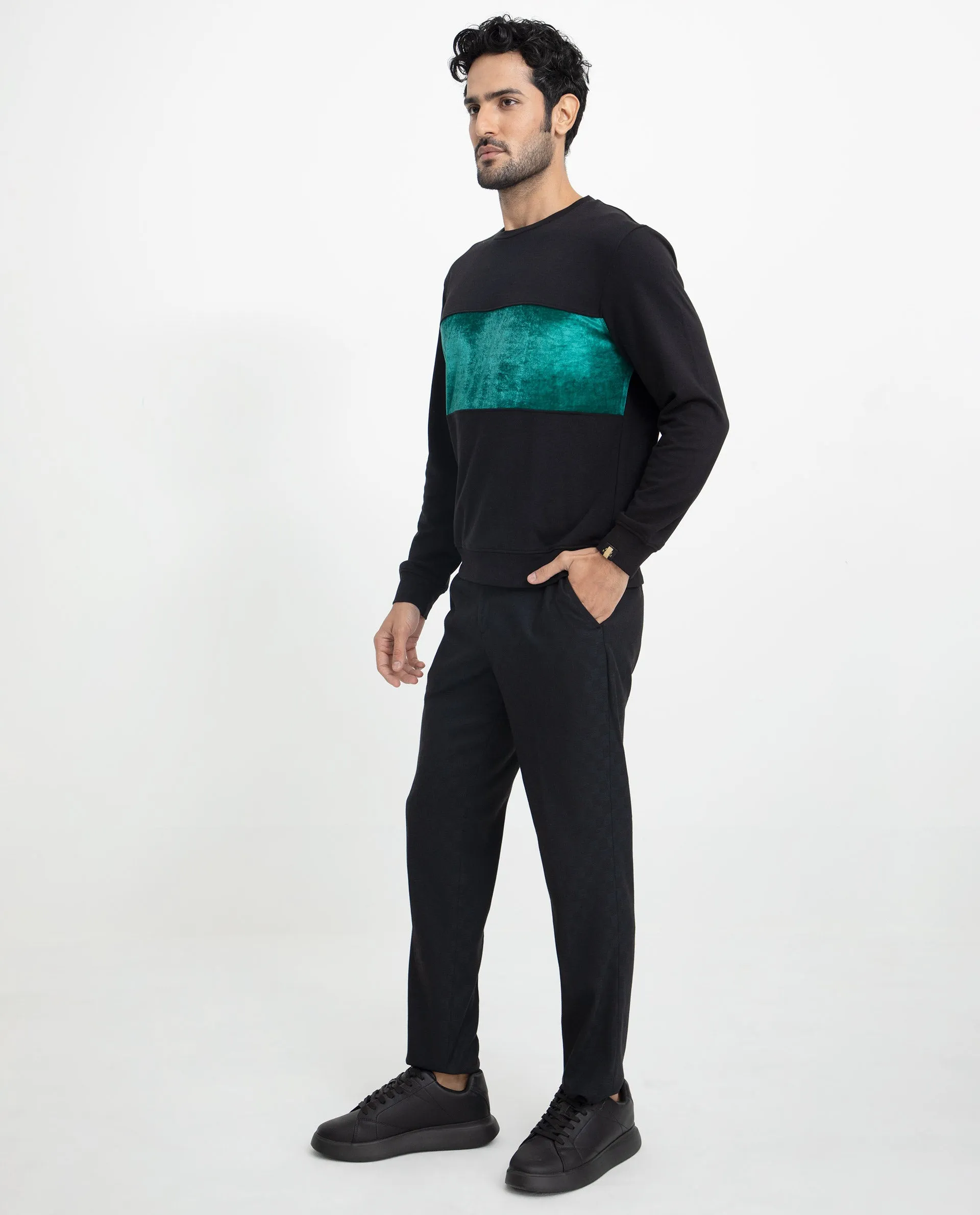 Rare Rabbit Men's Tide Black Cotton Polyester Fabric Full Sleeves Cut And Sew Velvet Sweatshirt