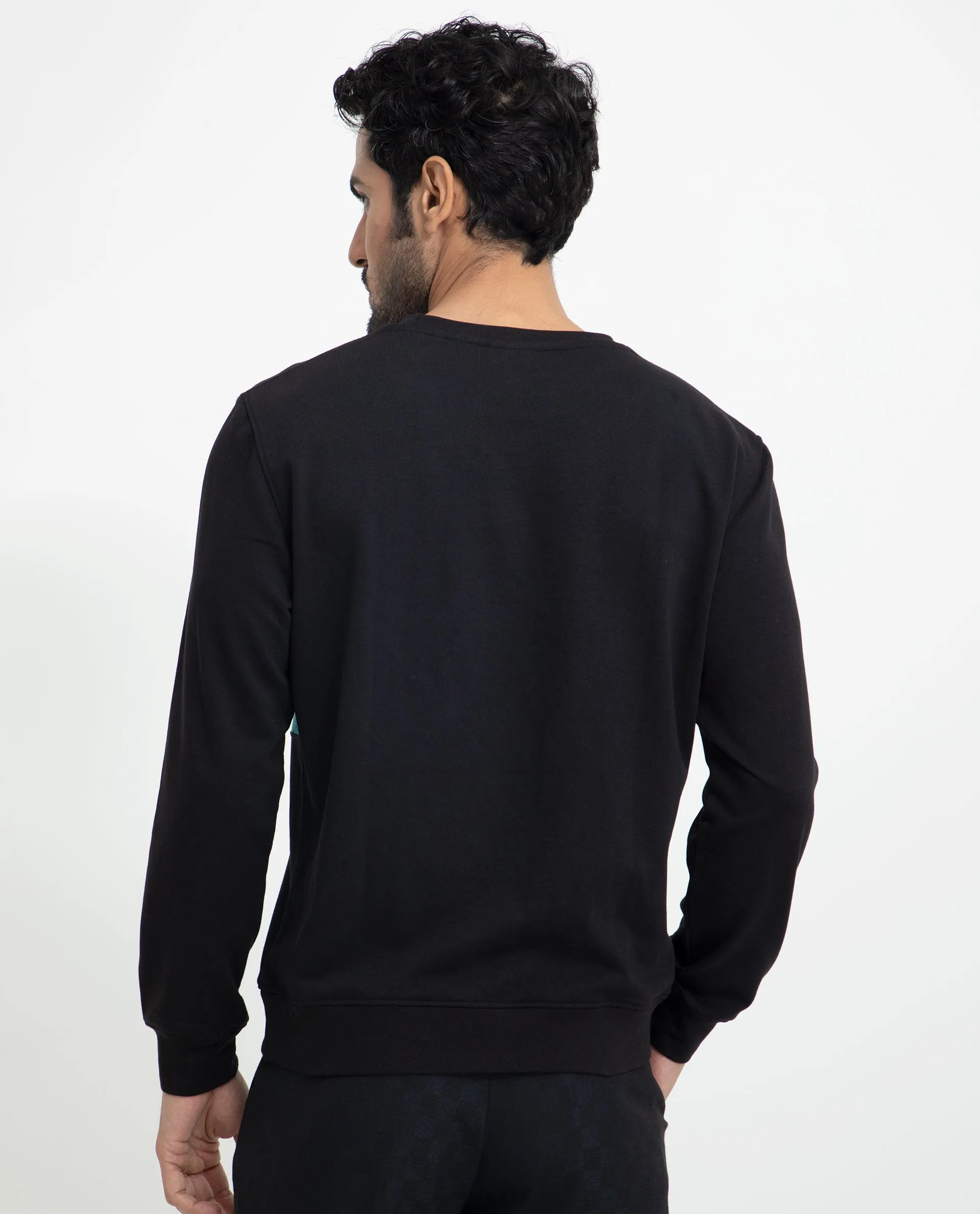 Rare Rabbit Men's Tide Black Cotton Polyester Fabric Full Sleeves Cut And Sew Velvet Sweatshirt