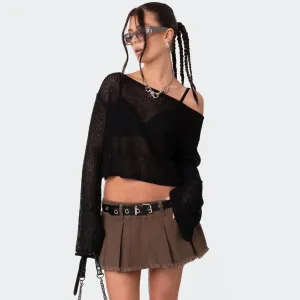 Street Style Roll Trim Boat Neck Long Sleeve Semi Sheer Crop Knit Top