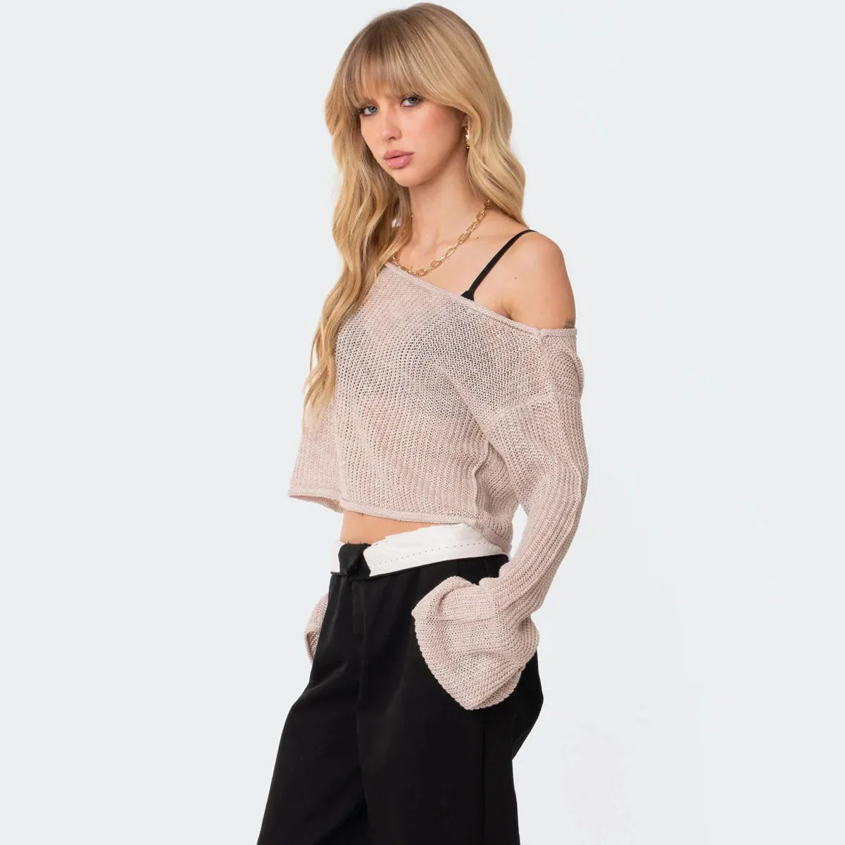 Street Style Roll Trim Boat Neck Long Sleeve Semi Sheer Crop Knit Top