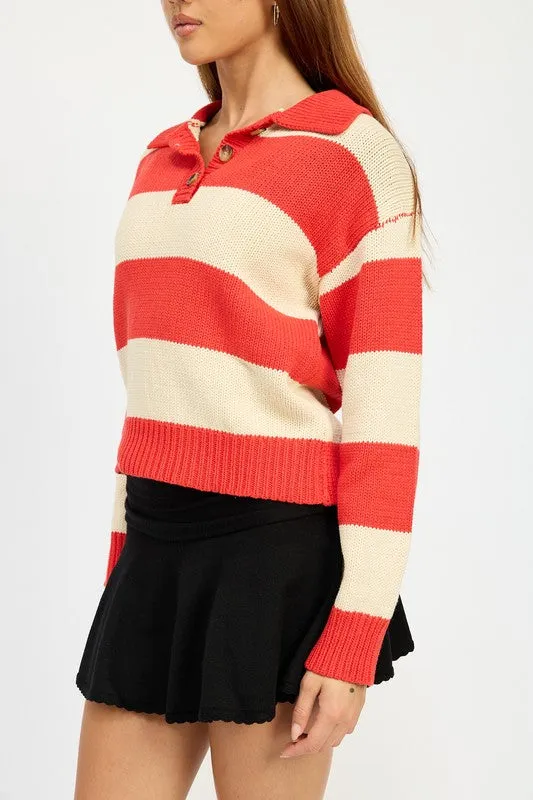 Unmatched Essence Red Stripe Collared Pullover Sweater