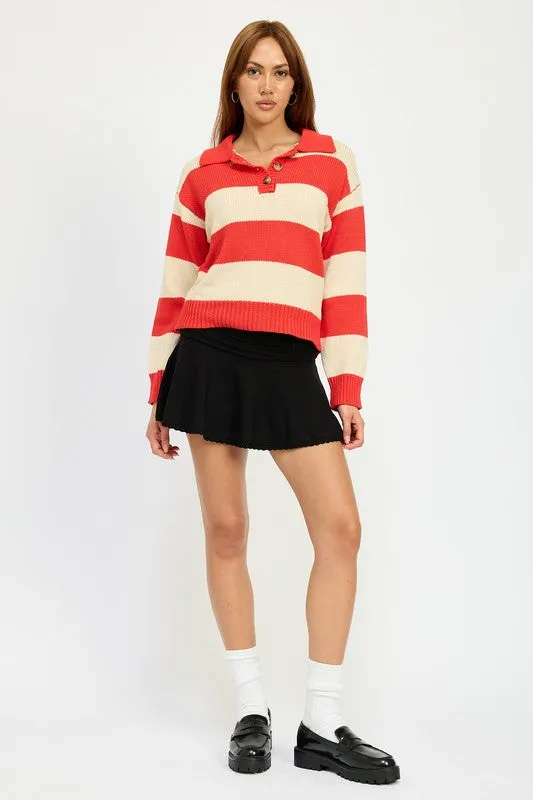 Unmatched Essence Red Stripe Collared Pullover Sweater