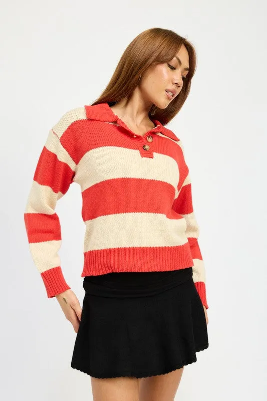 Unmatched Essence Red Stripe Collared Pullover Sweater