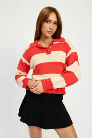 Unmatched Essence Red Stripe Collared Pullover Sweater