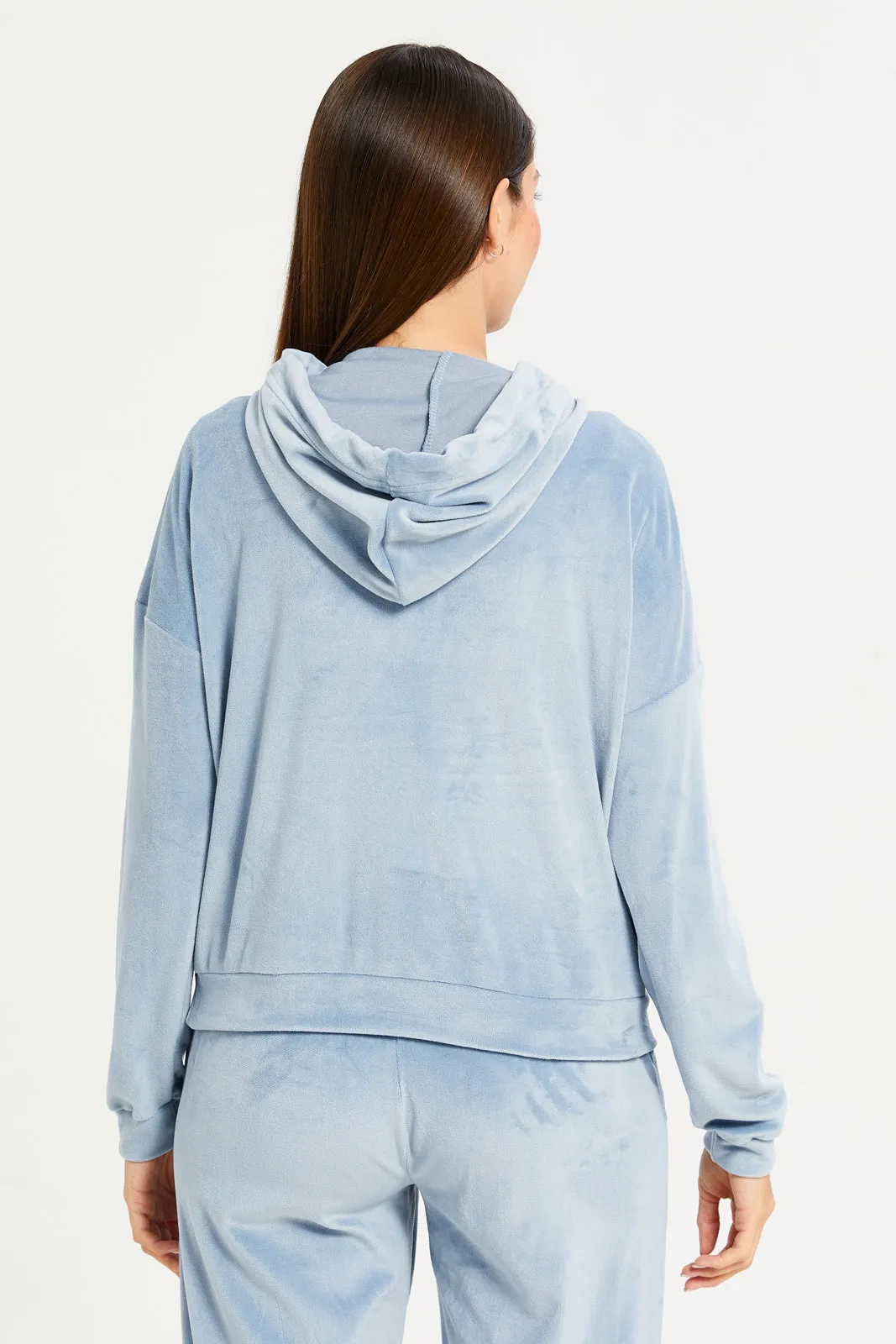 Women Blue Velvet Hooded Sweat Shirt