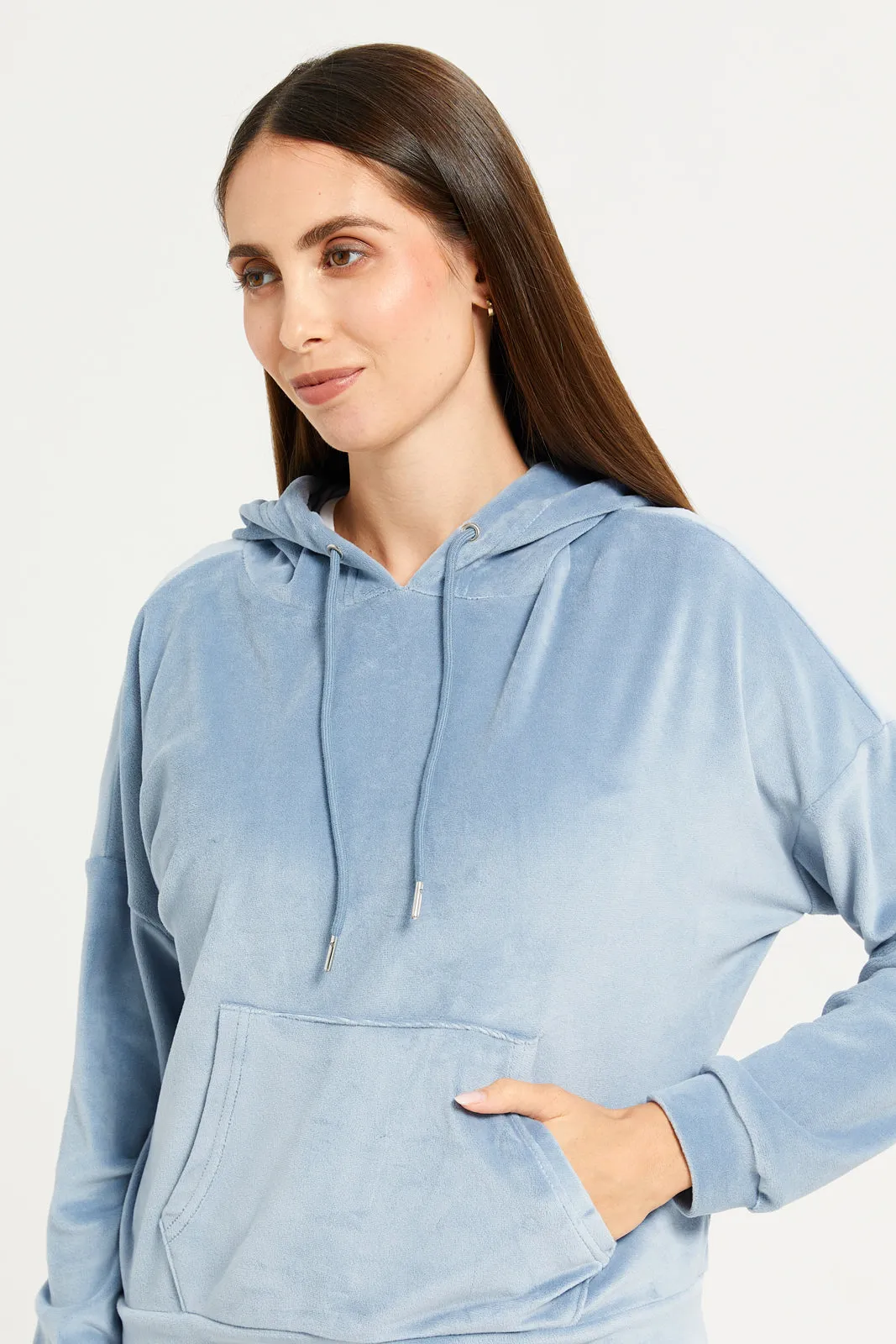 Women Blue Velvet Hooded Sweat Shirt