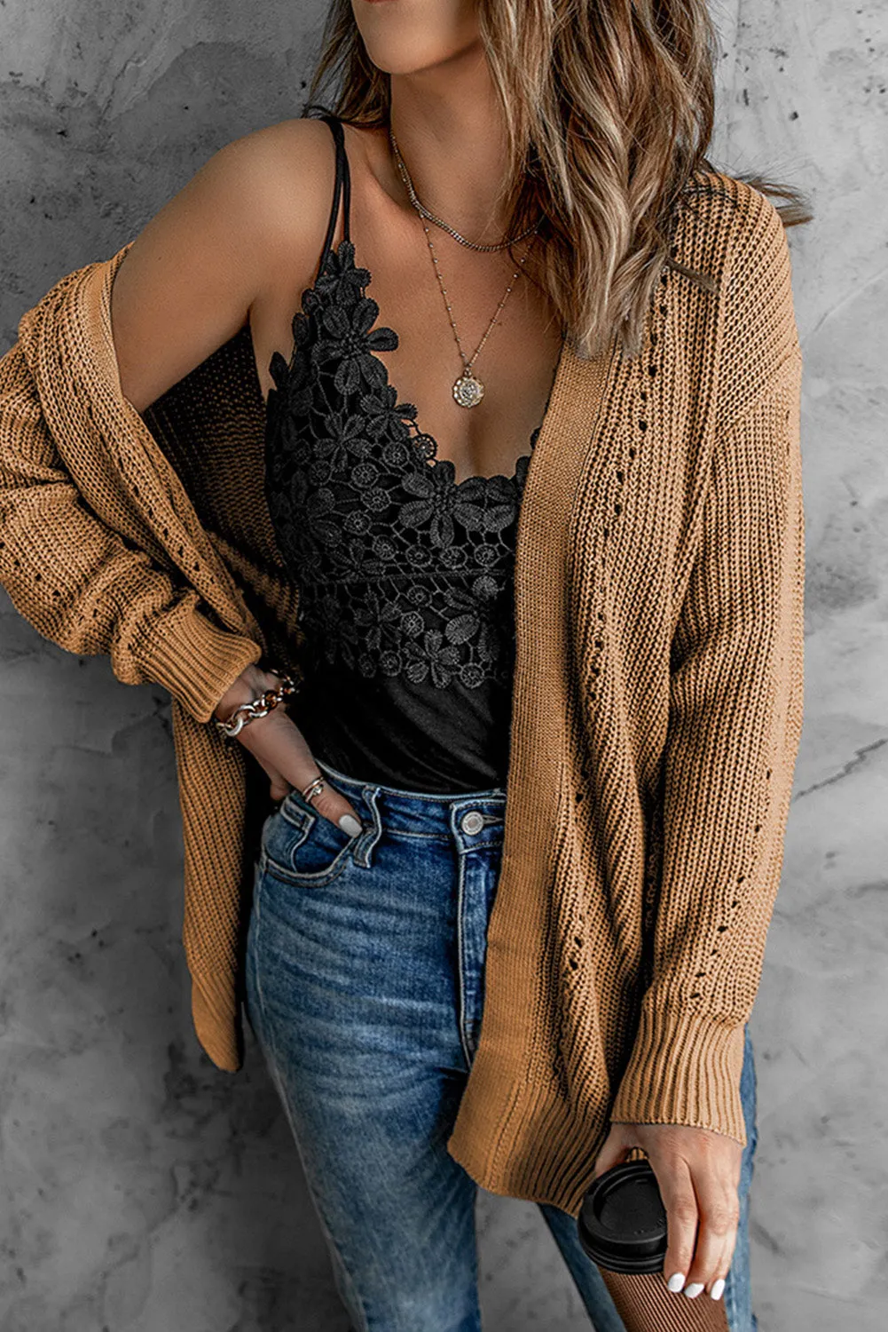 Women Drop Sleeve Cable Knit Holes Sweater Cardigan with Slits