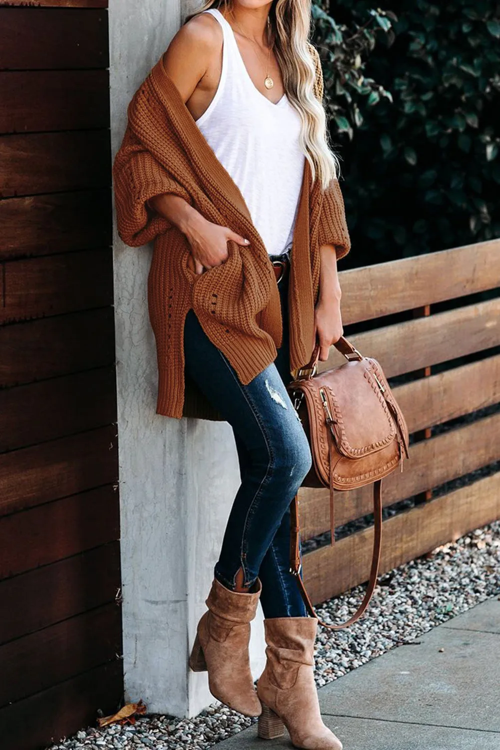 Women Drop Sleeve Cable Knit Holes Sweater Cardigan with Slits