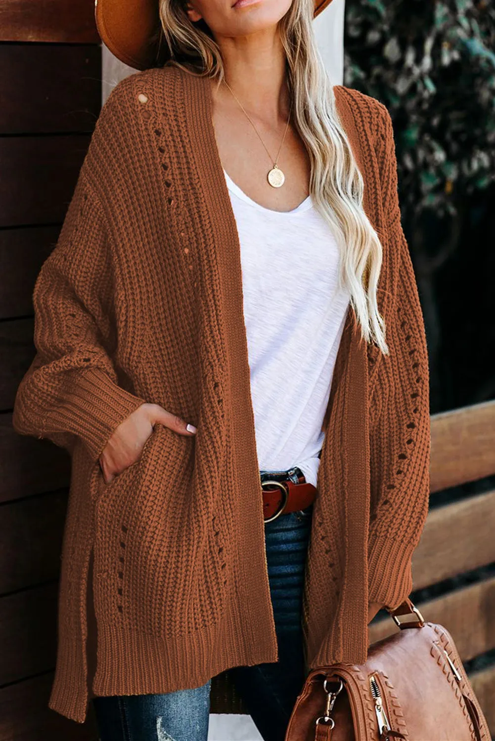 Women Drop Sleeve Cable Knit Holes Sweater Cardigan with Slits