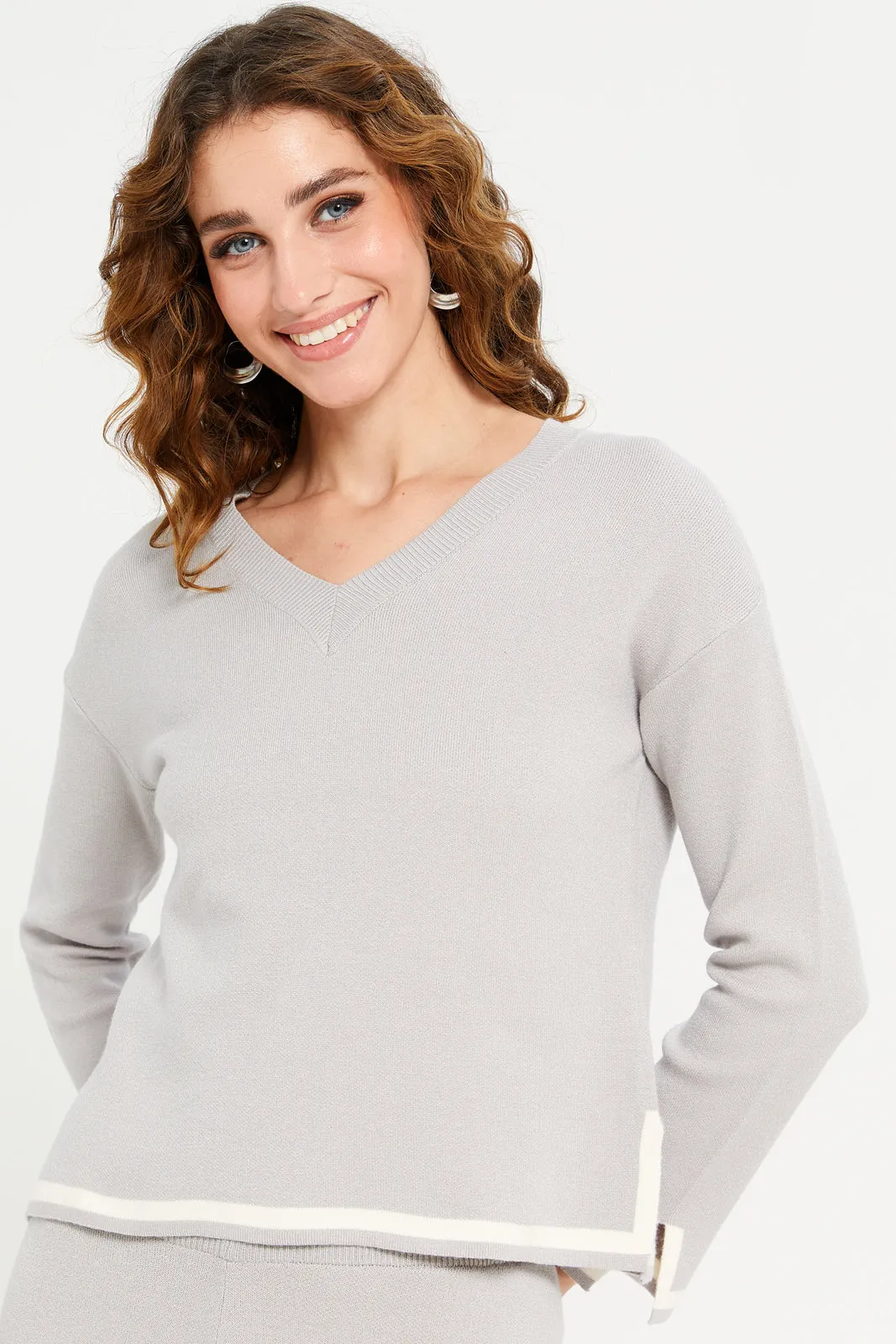 Women Grey Knitted V- Neck Sweater