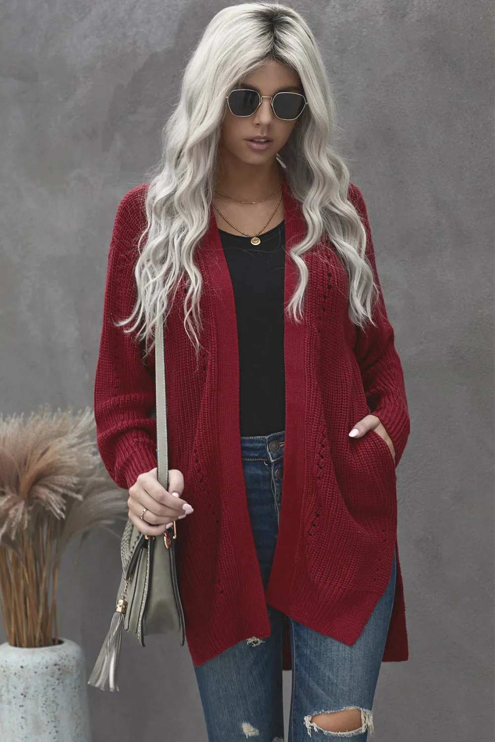 Women's Long Sleeve Sweater Cable Knit Oversized Cardigan with Slits