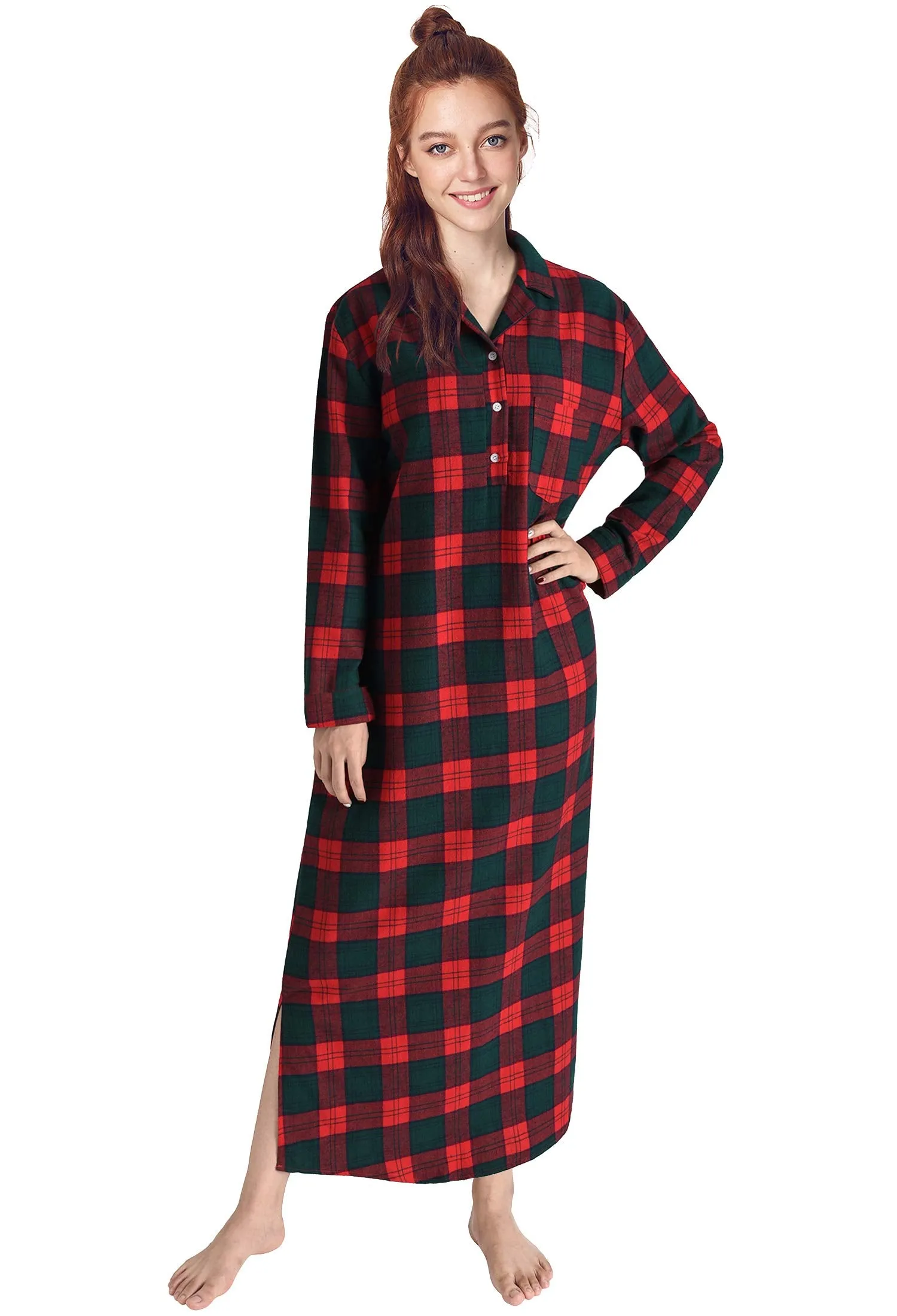 Women's Plaid Flannel Nightgowns Full Length Sleep Shirts