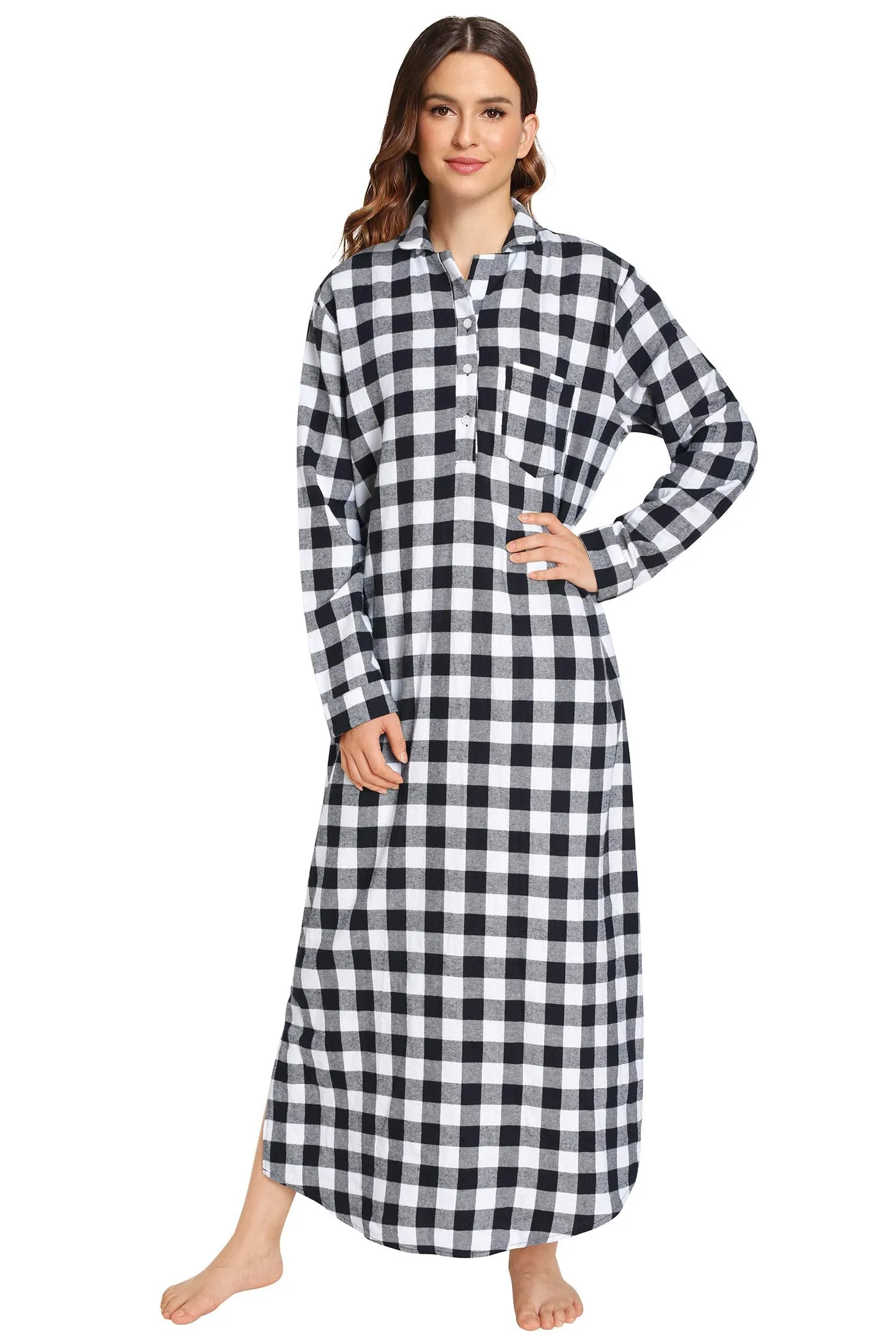 Women's Plaid Flannel Nightgowns Full Length Sleep Shirts