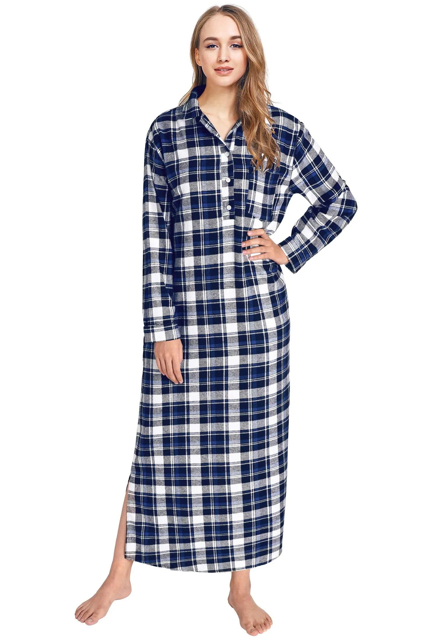 Women's Plaid Flannel Nightgowns Full Length Sleep Shirts