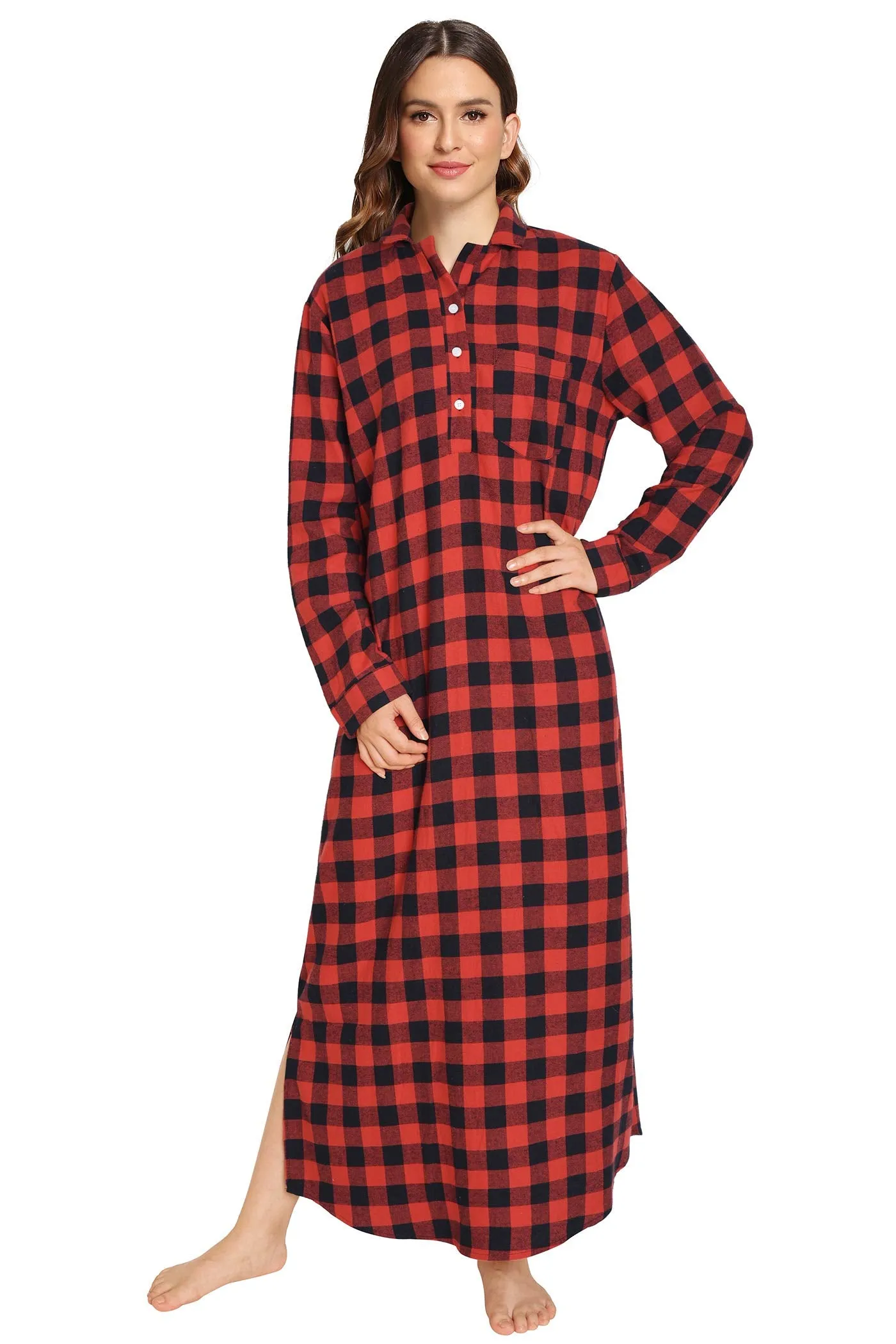 Women's Plaid Flannel Nightgowns Full Length Sleep Shirts