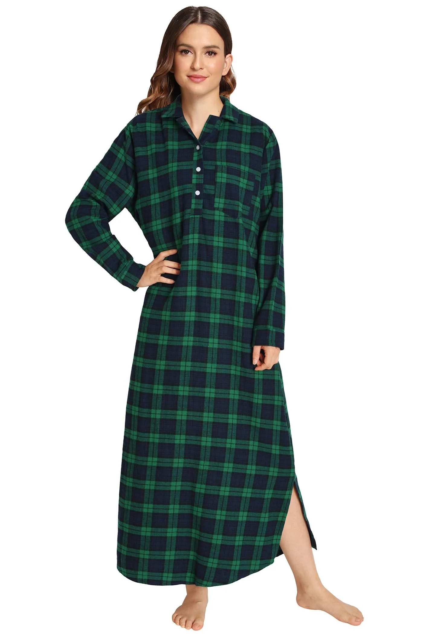 Women's Plaid Flannel Nightgowns Full Length Sleep Shirts