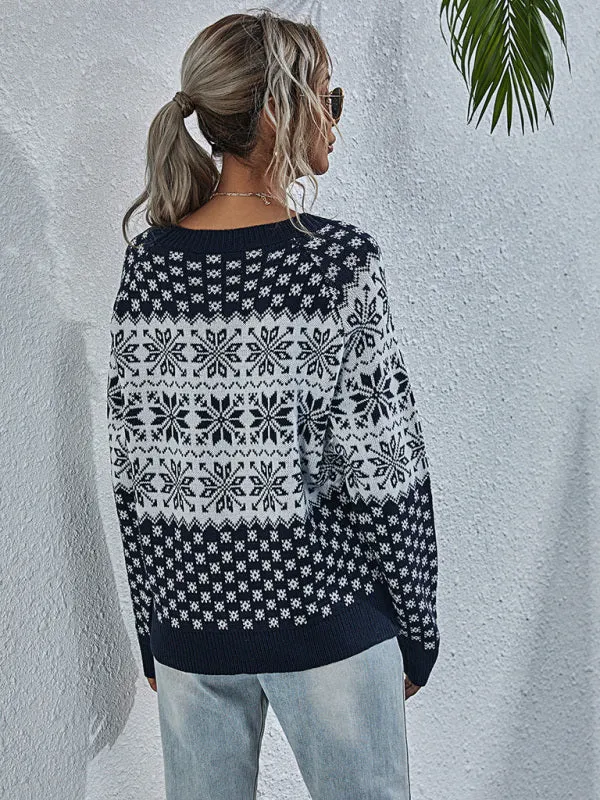 Xmas Knitted Round Neck Snowflakes Sweater Jumper