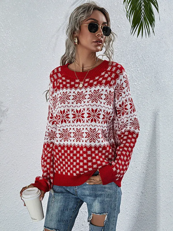 Xmas Knitted Round Neck Snowflakes Sweater Jumper