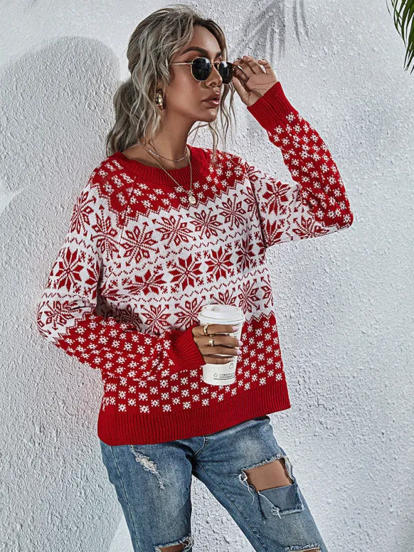 Xmas Knitted Round Neck Snowflakes Sweater Jumper