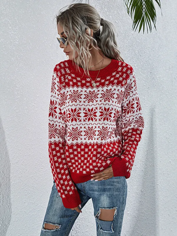 Xmas Knitted Round Neck Snowflakes Sweater Jumper