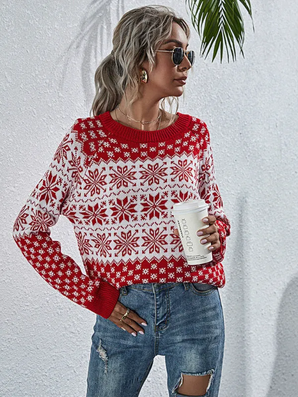 Xmas Knitted Round Neck Snowflakes Sweater Jumper