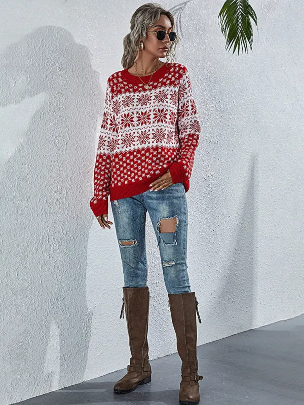 Xmas Knitted Round Neck Snowflakes Sweater Jumper