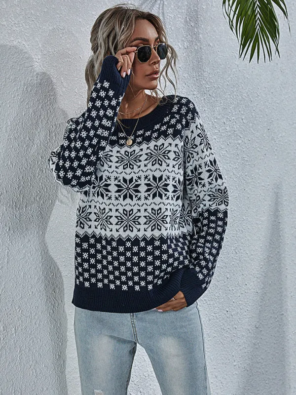 Xmas Knitted Round Neck Snowflakes Sweater Jumper