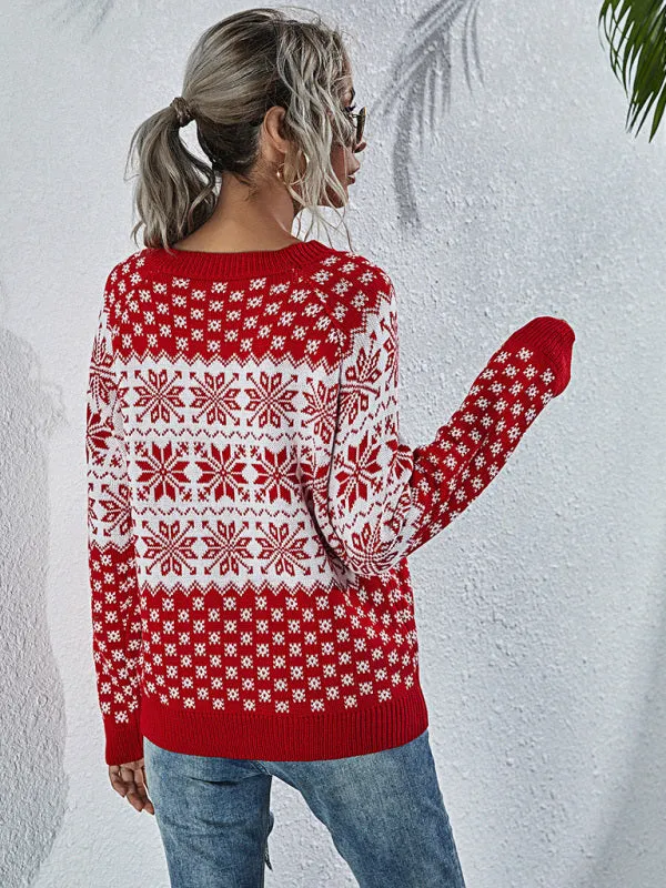 Xmas Knitted Round Neck Snowflakes Sweater Jumper