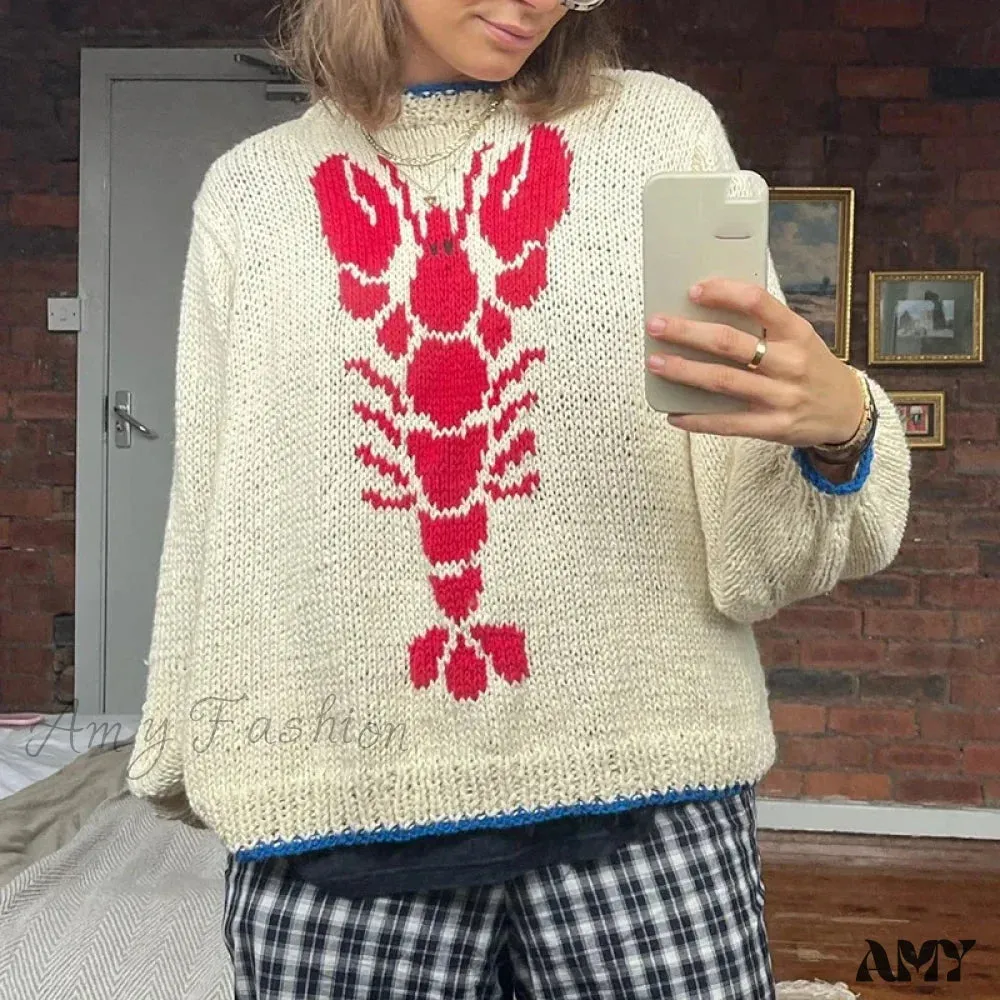 Y2K Knitted Pullovers 90s Vintage Grunge Preppy Style Lobster Pattern Autumn Winter Long Sleeve Cozy Sweater