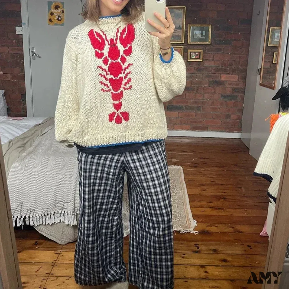 Y2K Knitted Pullovers 90s Vintage Grunge Preppy Style Lobster Pattern Autumn Winter Long Sleeve Cozy Sweater