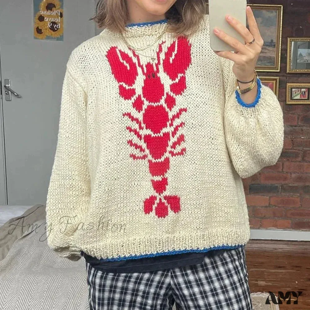 Y2K Knitted Pullovers 90s Vintage Grunge Preppy Style Lobster Pattern Autumn Winter Long Sleeve Cozy Sweater