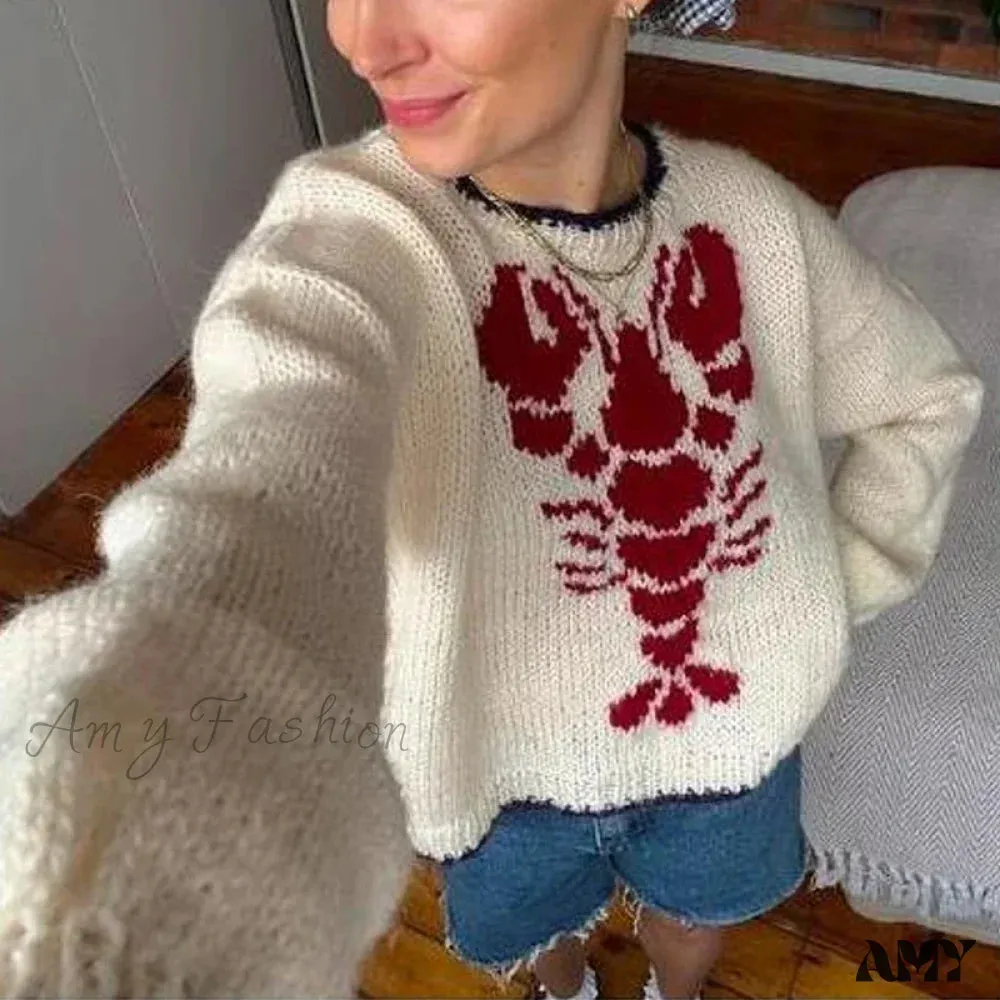 Y2K Knitted Pullovers 90s Vintage Grunge Preppy Style Lobster Pattern Autumn Winter Long Sleeve Cozy Sweater