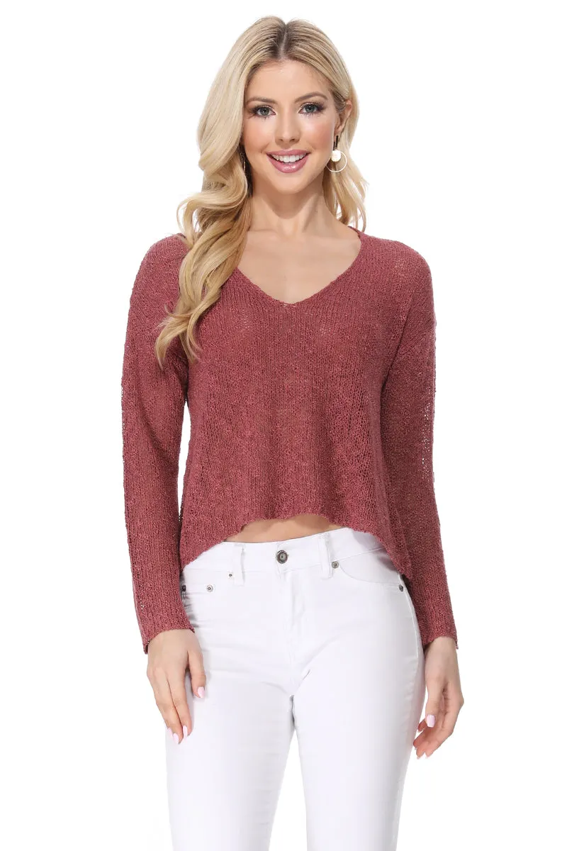 Yemak Women's Long Sleeve V-Neck Cropped Summer Pullover Knit Sweater MK8268 (S-L)