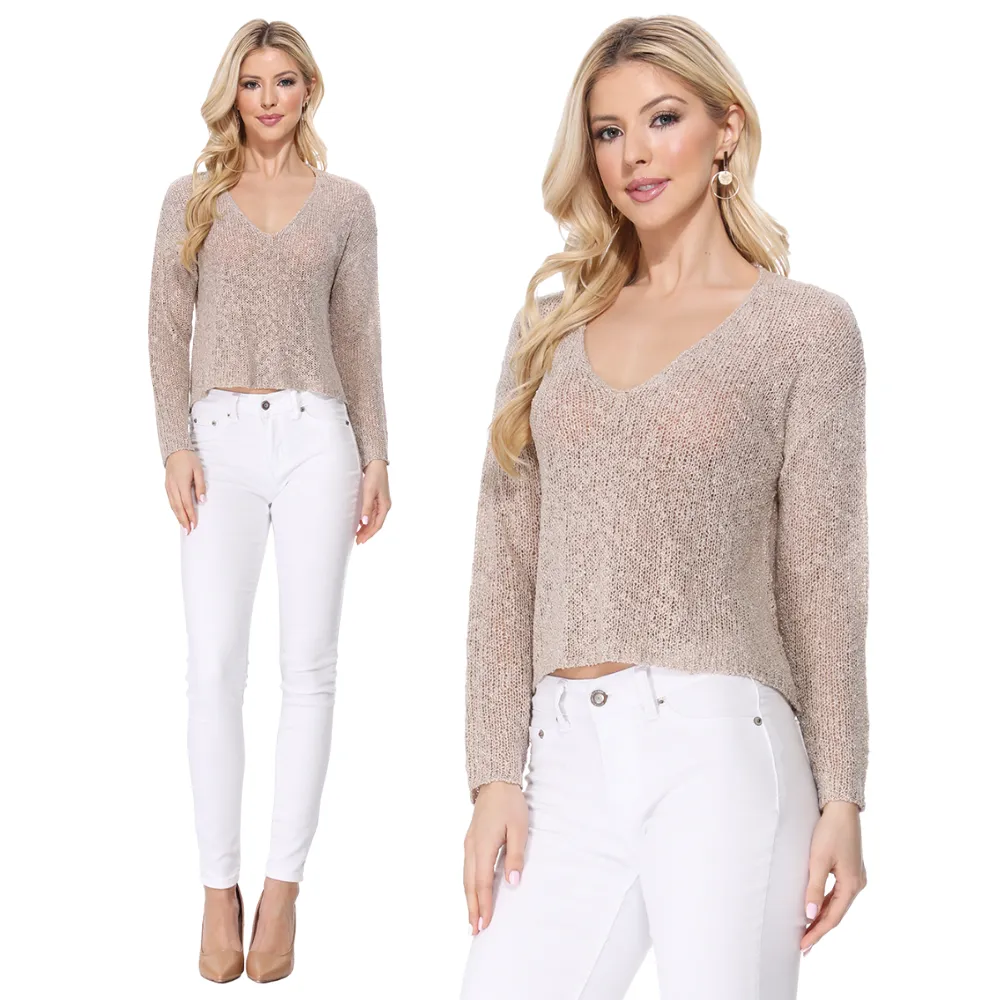 Yemak Women's Long Sleeve V-Neck Cropped Summer Pullover Knit Sweater MK8268 (S-L)